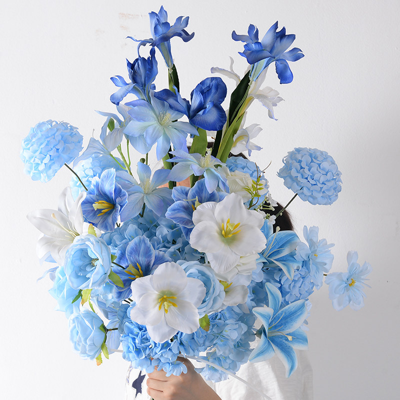 蓝色仿真花材假花束手工布艺玫瑰兰花插花莫奈简约室内装饰布置花