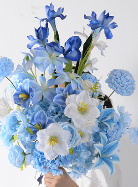 蓝色仿真花材假花束手工布艺玫瑰兰花插花莫奈简约室内装饰布置花