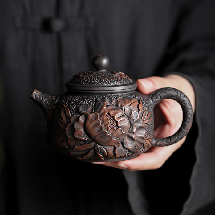云南紫陶复古坭兴陶瓷茶壶手工牡丹花壶家用大号单壶泡茶器富贵壶