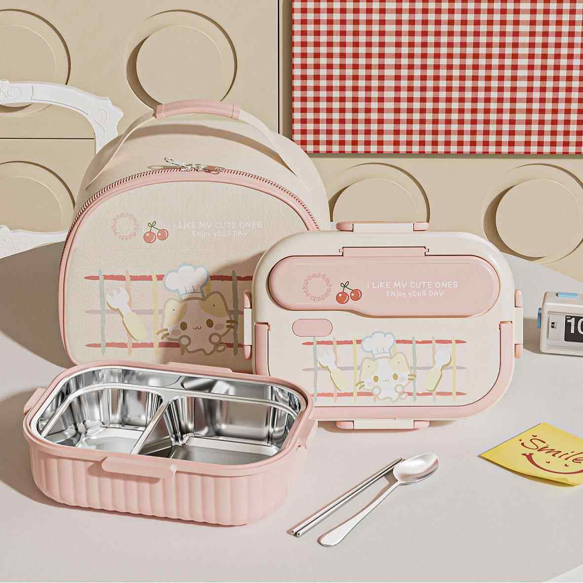 【棉花糖猫】可爱便携饭盒316不锈钢分格餐盒学生专用带汤碗饭盒o