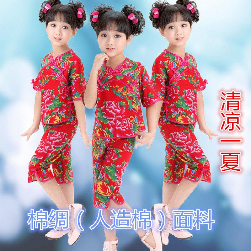 儿童棉绸夏装套装女童东北大花布人造棉短袖马裤服装外出穿