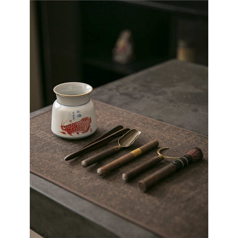 茶道六君子龙鱼黑檀木陶瓷家用茶针茶勺茶夹功夫茶具配件用品收纳