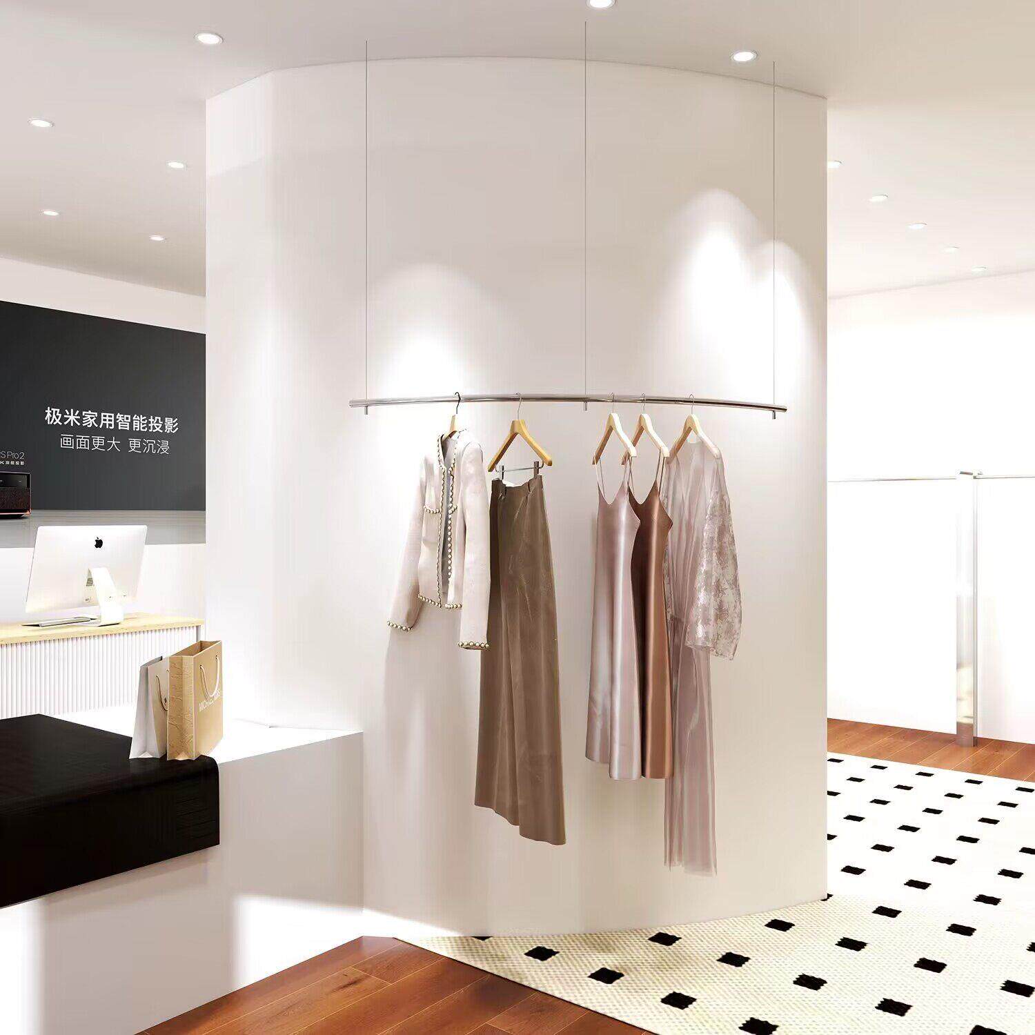 服装店展示架不锈钢拉丝银色悬吊式天花板挂架弧形吊架女装男女童