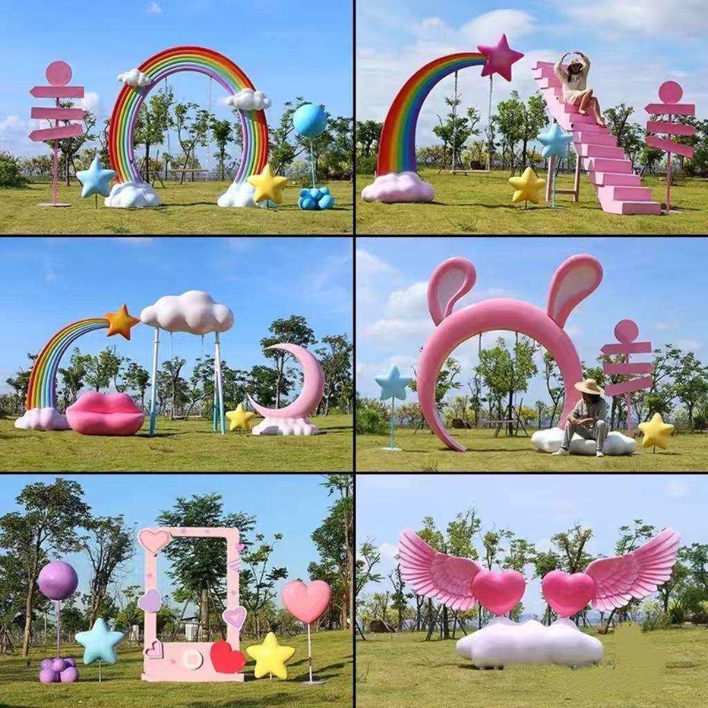 彩虹秋千玻璃钢雕塑公园创意网红云朵翅膀座椅户外云梯打卡大摆件