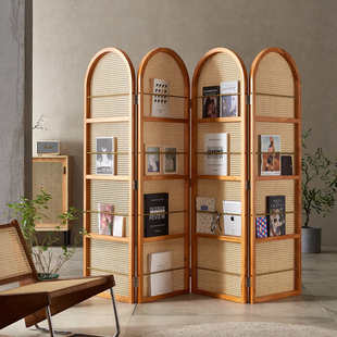 4I实木藤编屏风隔断墙覆古文艺杂志书架遮挡小户型客厅入户简约座