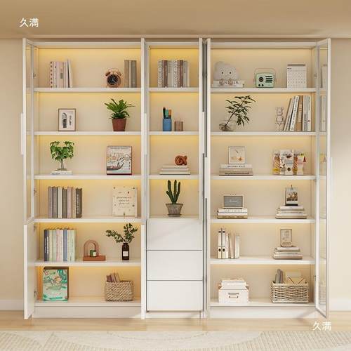 家奶油风书柜一体整墙顶书架到带玻璃20240112门轻酒奢柜用客厅展