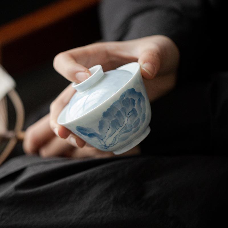 弥言白瓷青花手绘白菜盖碗纯手工白瓷泡茶碗茶杯整套不烫手泡茶器