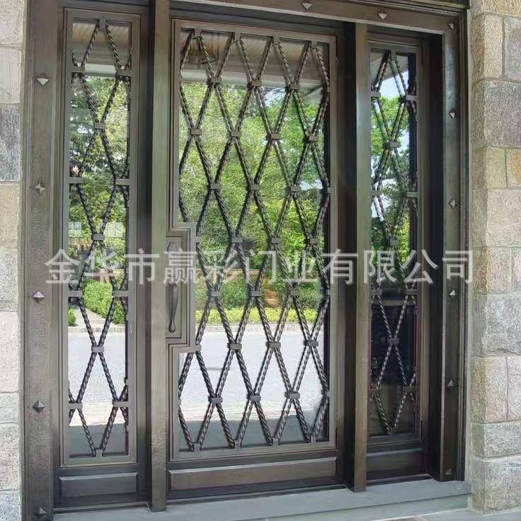 铁艺门别墅美式入户门锻铁大门欧式入户门手工玻璃双层钢化活动门