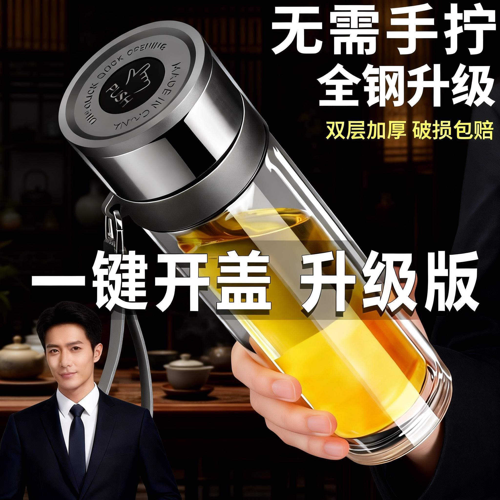 摔不烂钢化玻璃水杯一键开盖车载双层杯男士办公室保温茶杯速开启