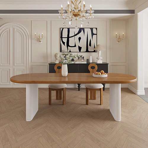 实木餐桌椅法式奶油风原木大板餐厅椭圆形北欧家用吃饭半圆电脑桌