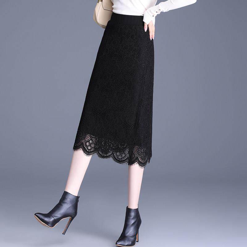 小个子裙子女2025春秋高级感中长黑色直筒一步裙蕾丝半身裙包臀裙