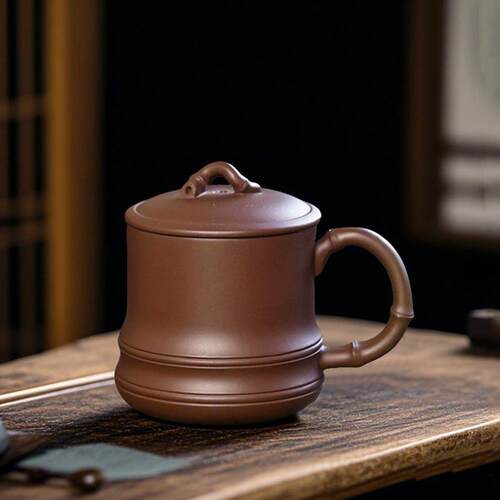 宜兴紫砂杯手工带盖男女士小号竹节泡茶杯可定刻字紫泥400lm盒装