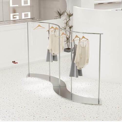 不锈钢圆弧形中岛展示架服装店展示架货架女装店拉丝S形挂衣货架