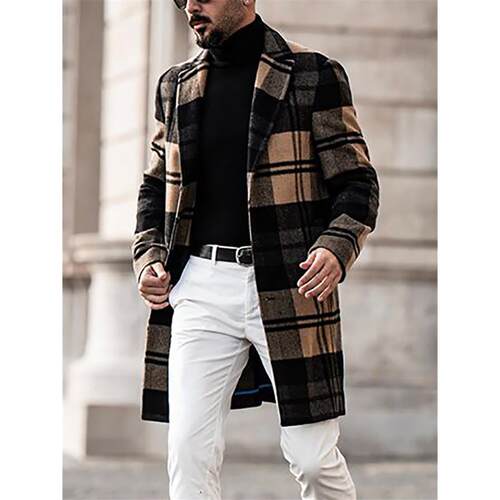 Woolen men's coat, mid length plaid nylon windbreaker