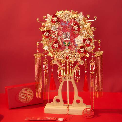 结婚团扇镶入式新娘中式出嫁秀禾服diy重工双面成品手工喜扇
