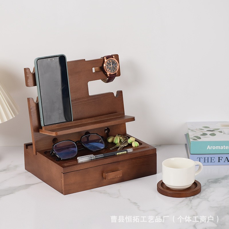 现货木质多功能桌面手机支架眼镜腕表收纳盒实木懒人手机架带抽屉