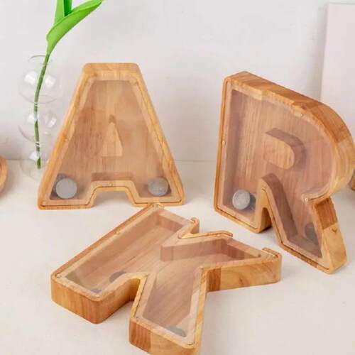 26 English Alphabet Moneybox Coin Money Piggy Bank Wooden Le