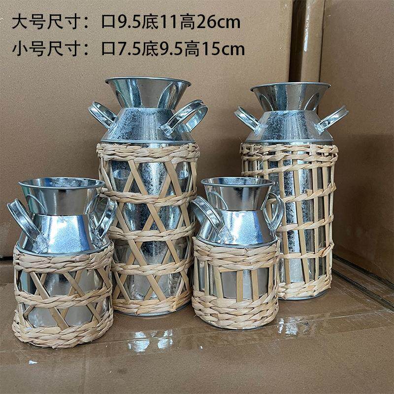 源头厂家镀锌铁皮装饰花瓶装饰摆件花瓶双耳银色壶编织款复古花器
