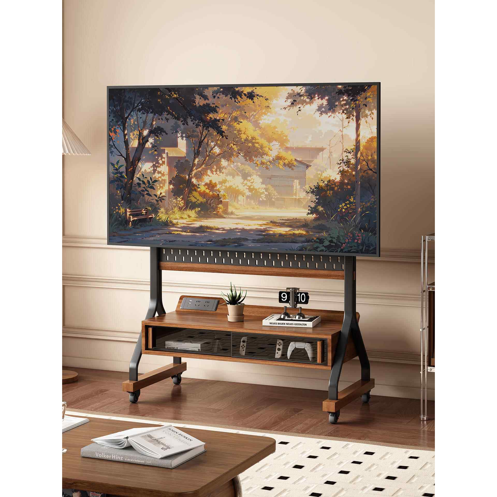 实木可移动电视机柜客厅家用2025新款小户型落地储物带轮电视支架