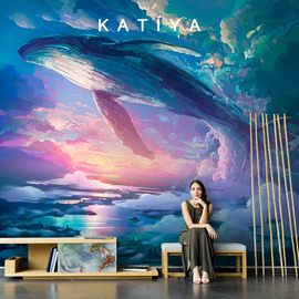 katiya梦幻壁纸鲸鱼墙布背景墙儿童，房女孩男孩，可爱卡通卧室壁画3d