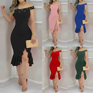 Stunning Beaded Asymmetrical Ruffle Hem Bodycon Dress -