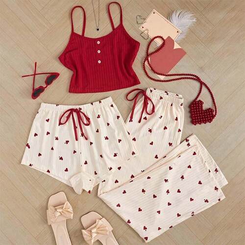 Peach Heart Pajamas, Women's Shorts, Pants,Sexy Home Clo