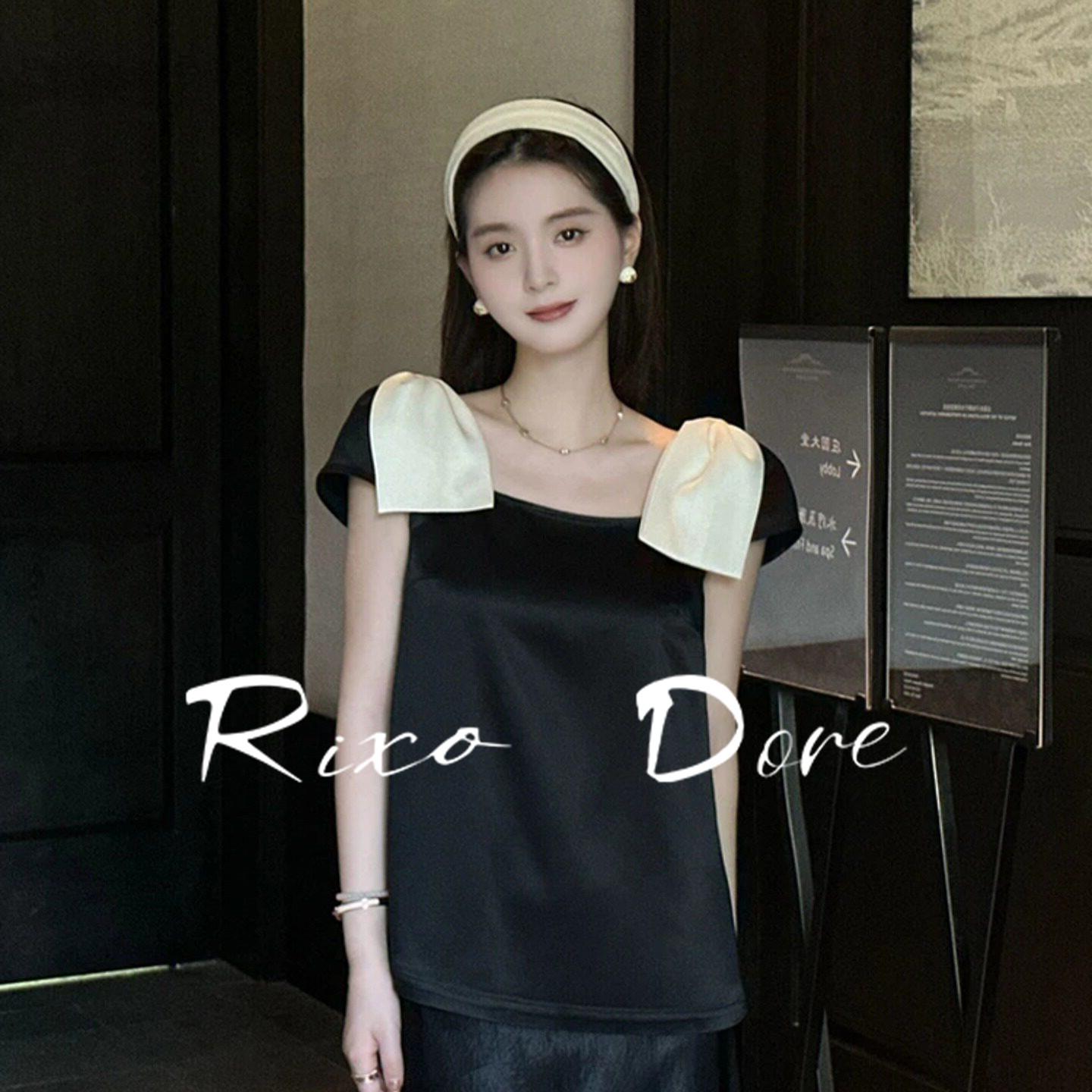 RIXO DORE法式轻奢风黑色醋酸缎面短袖上衣半身长裙赫本风套装女