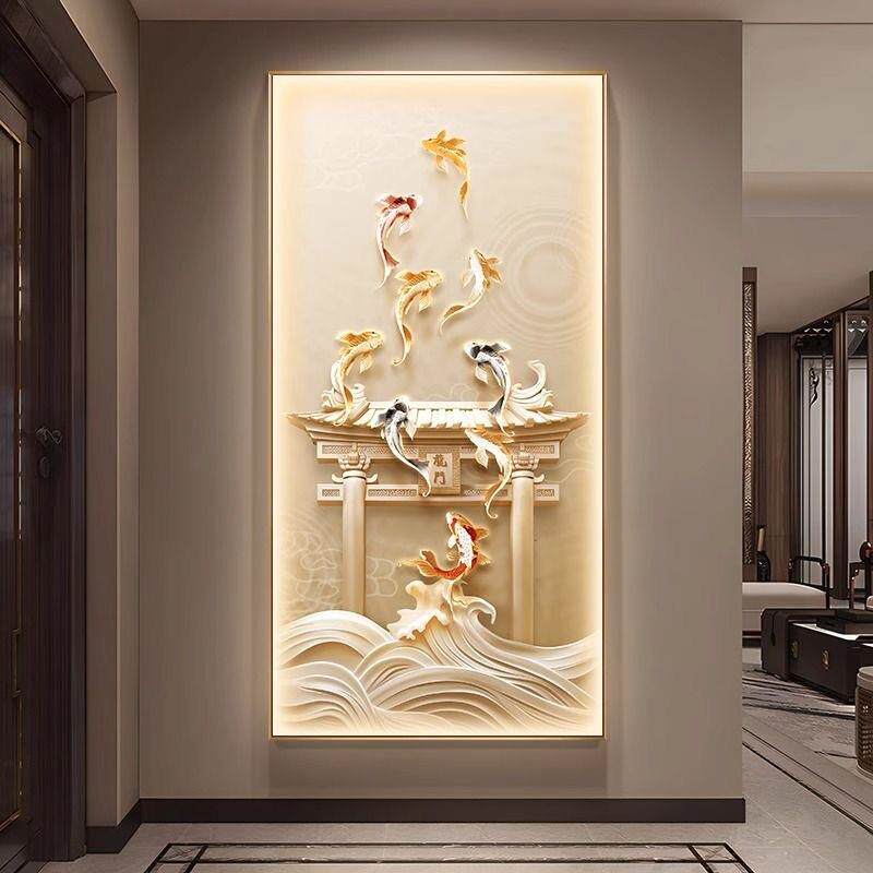 九鱼图玄关装饰画现代轻奢鲤鱼跃龙门走廊过道挂画入户门壁画灯画