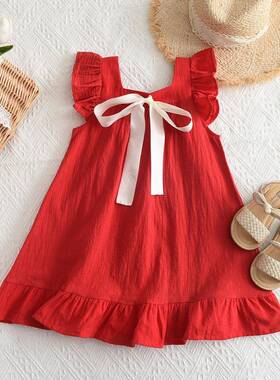 girls casual frilled dress small fly sleeve ruffle striped