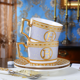 欧式骨瓷咖啡杯碟套装，奢华金色手绘描金，进口黄金马赛克水杯茶杯