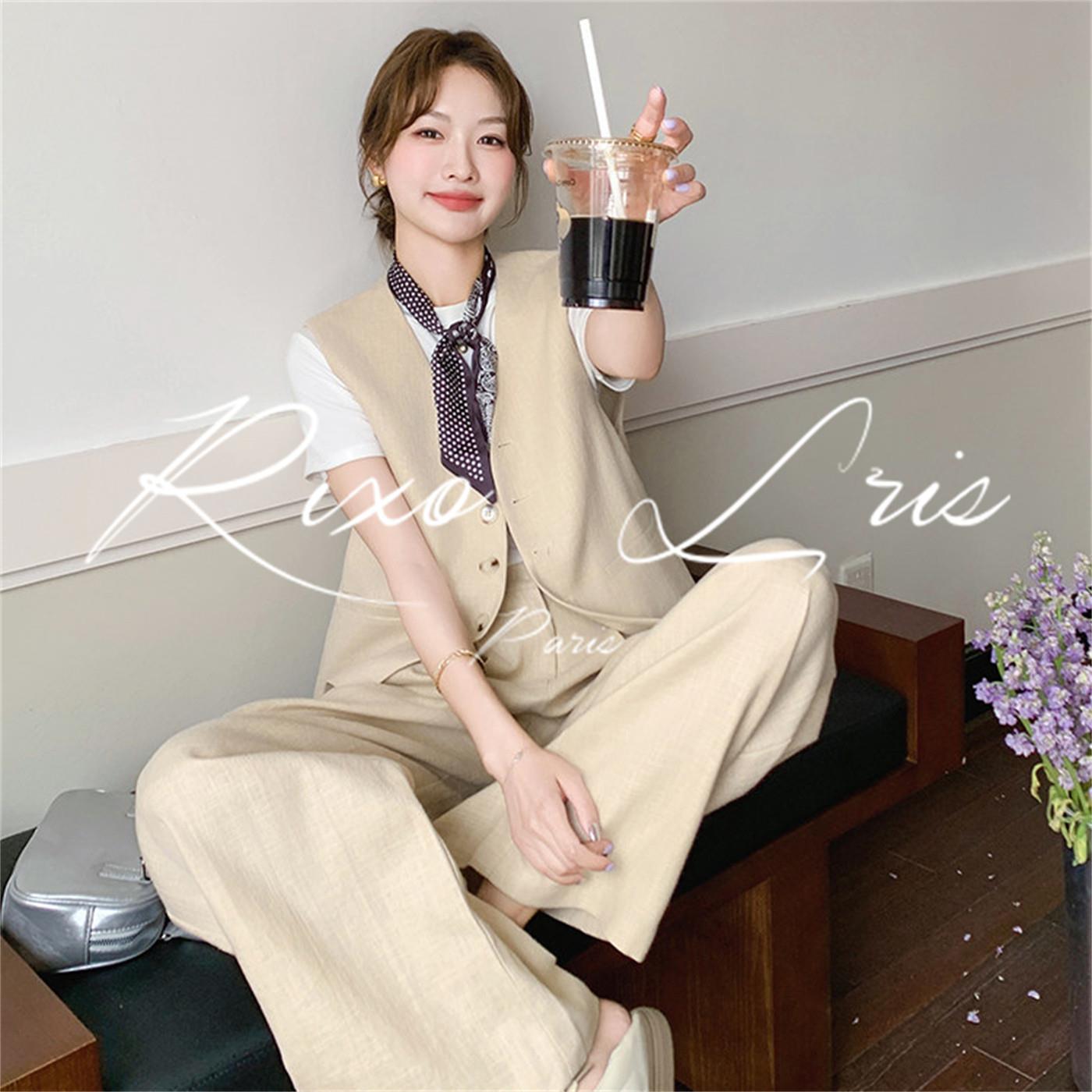 RIXO LRIS法式老钱风气质马甲套装女夏新款高级感t恤阔腿裤三件套
