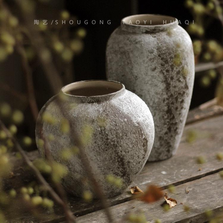 斑驳陶瓷侘寂风小花摆件客厅插花复古粗陶陶干花水养花花盆图片