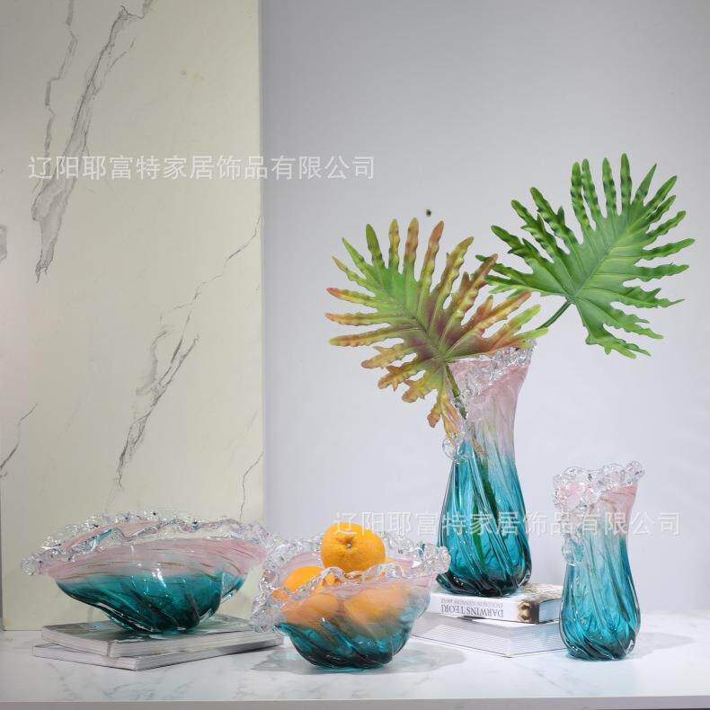 彩色手工玻璃花瓶摆件家居工艺品琉璃装饰白菜瓶花边口装饰碗摆件