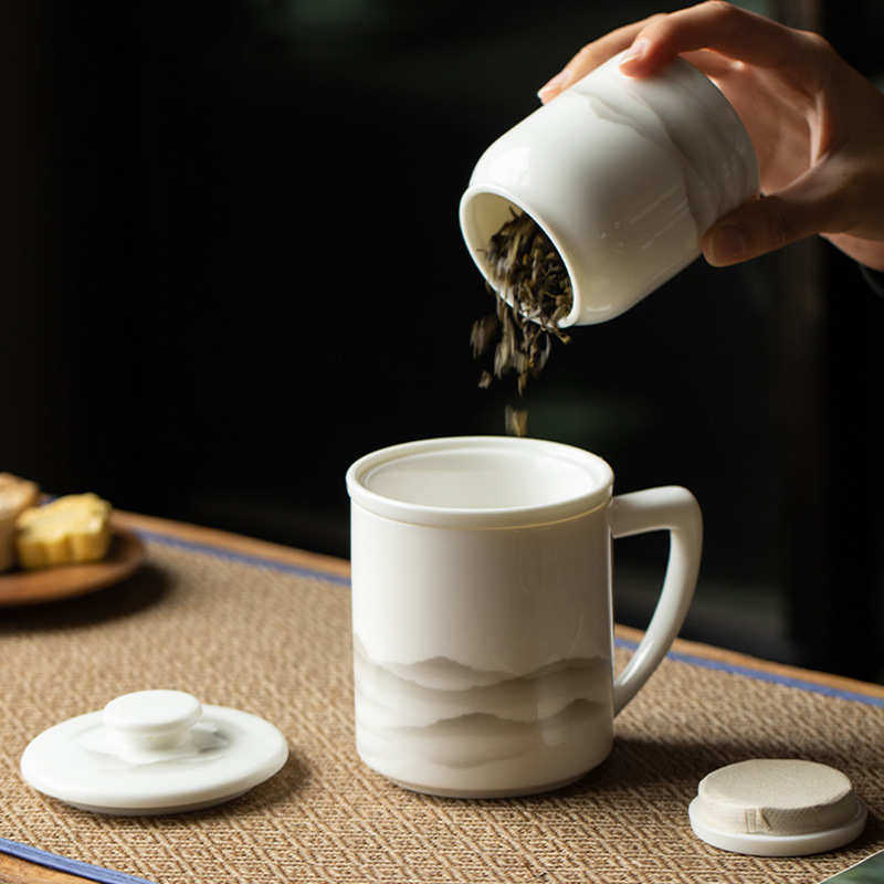 泡茶带分离马克白瓷杯子陶瓷杯茶水盖羊脂玉茶杯办公室德化过滤