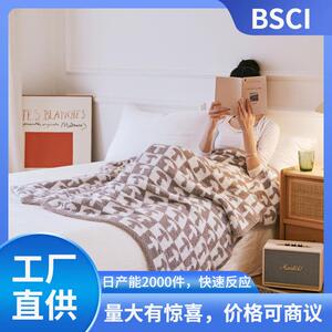 瑞景纺织厂家超火的复古大棋盘格半边绒针织线毯沙发毯辛朵