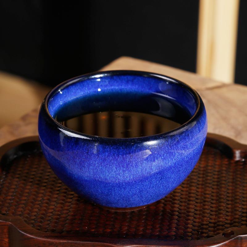 古盛窑纯手工建盏回蓝束口斗笠盏茶具茶碗油滴天目盏瓷器铁胎