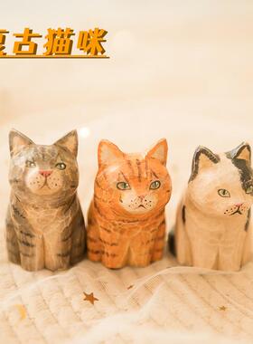 木雕复古猫创意摆件木制工艺品桌面摆件办公居家车载装饰品