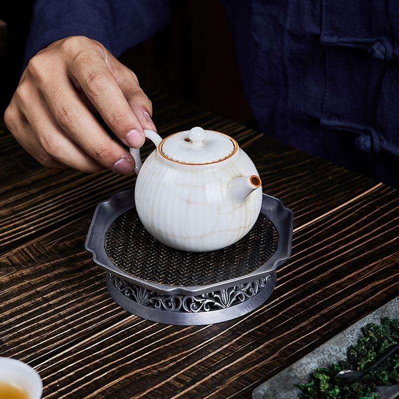 大岸堂古锡手工雕刻蓄水壶承干泡茶台建水复古镂空茶道配件