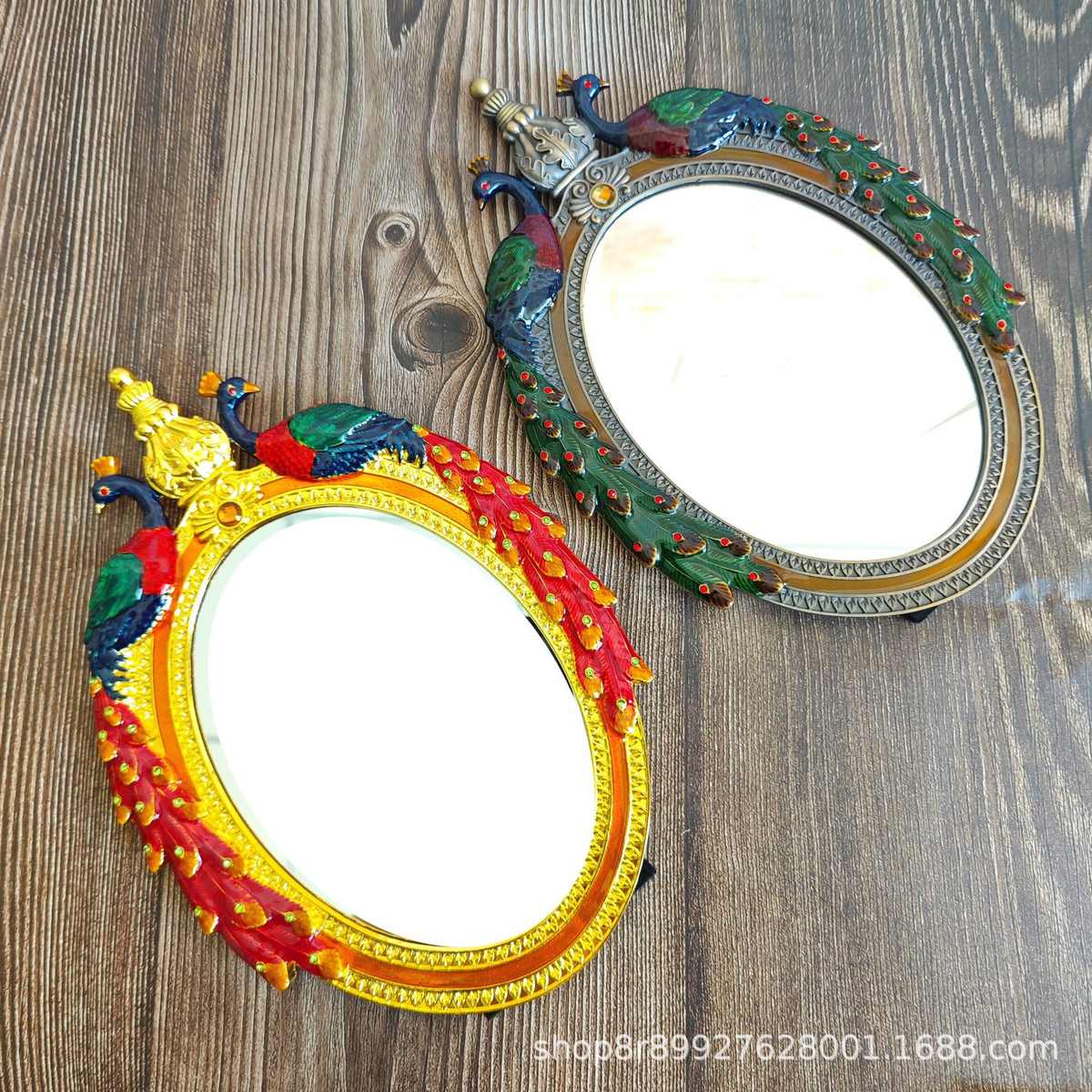 金属梳妆镜彩台式复古孔雀梳妆镜双面复古,化妆镜珐琅,