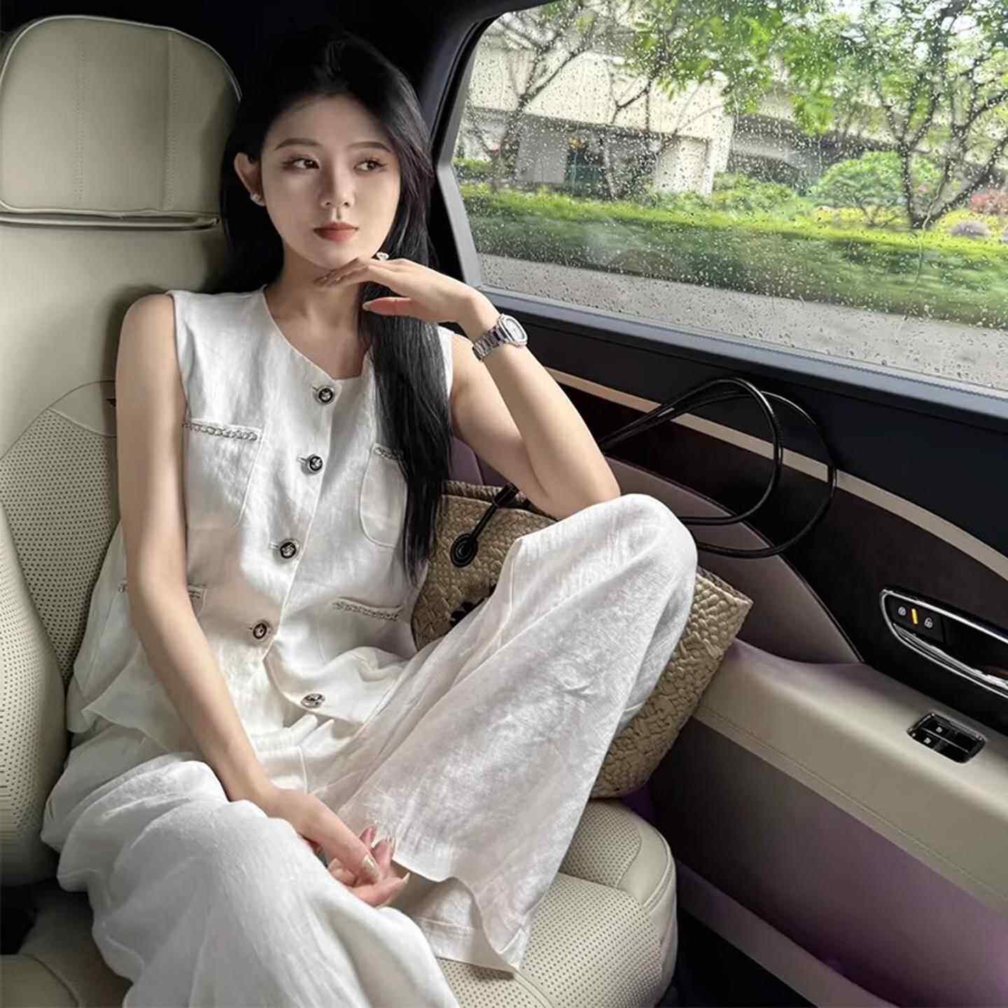 韩国女夏季重工气质白色亚麻背心套装干练休闲 外搭背心阔腿裤通