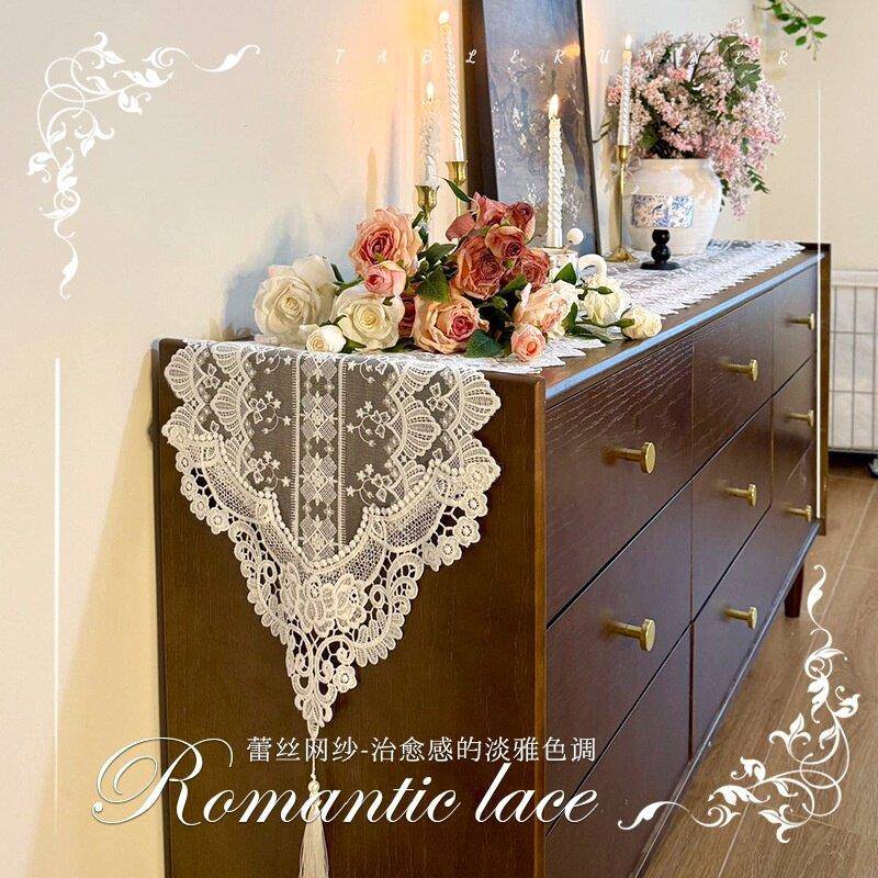 欧式白色蕾丝桌旗花卉复古餐桌装饰中古风餐柜桌垫布电视柜盖布