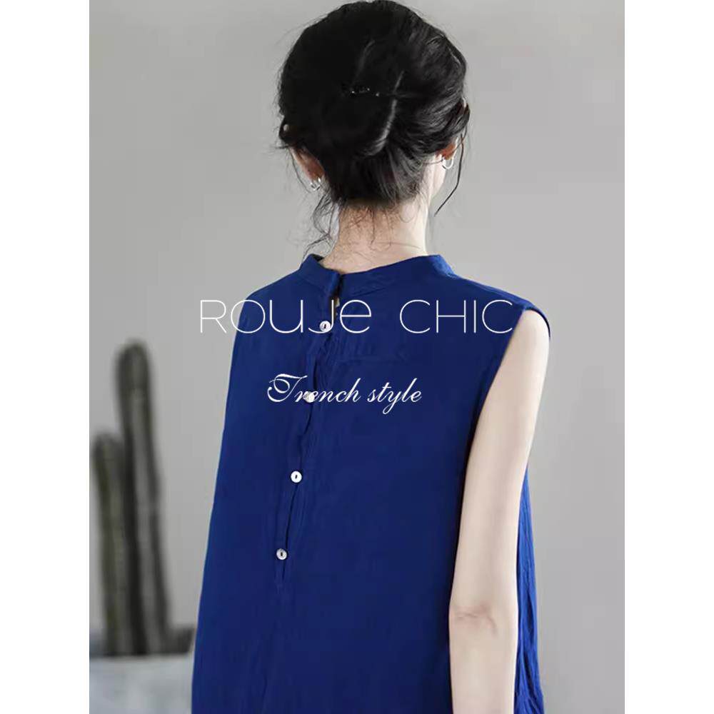rouje chic法式覆古靛蓝色亚麻无袖洋装女夏季小个子中长版裙子