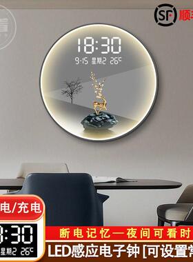 圆形发财鹿玄关装饰画 画带钟表客厅走廊过道创意夜光LED发灯壁挂