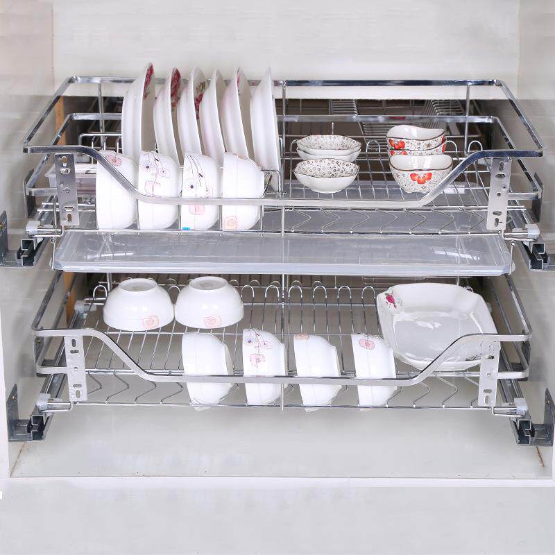 不锈钢拉篮厨房橱柜碗篮双层方管厨房橱柜阻尼轨道抽屉碗碟拉篮
