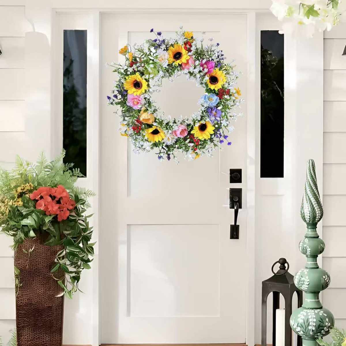 2025四季向日葵彩色仿真花环门挂壁挂家居农舍装饰挂件