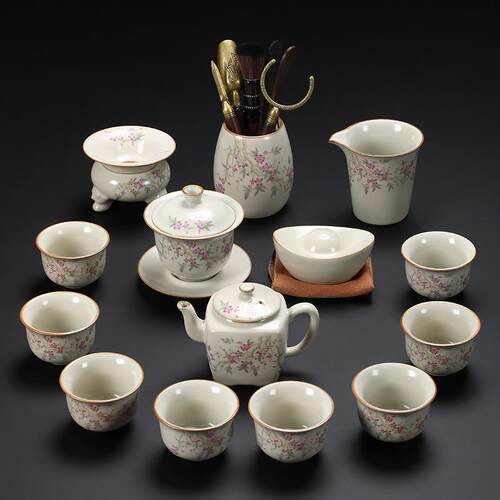正品高档轻奢女汝窑夫室茶具套装士家用办公会客泡茶器茶壶茶杯功