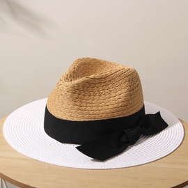 夏季巴拿马草帽遮阳防晒沙滩帽，子女拉菲草拼白色礼帽草编爵士帽