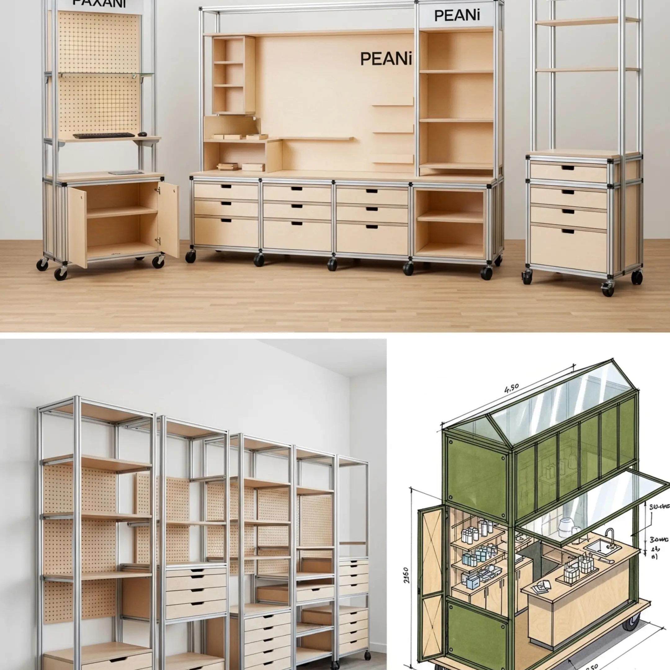 铝挤型材料桦木洞洞板工业风展示柜商超落地式多层抽屉陈列挂放置