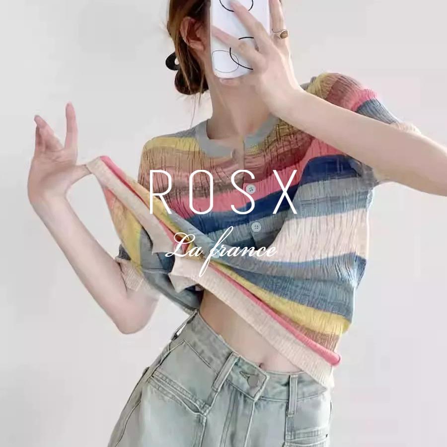 ROSX法式彩虹条纹短袖针织开衫女夏季多巴胺宽松T恤百搭冰丝上衣