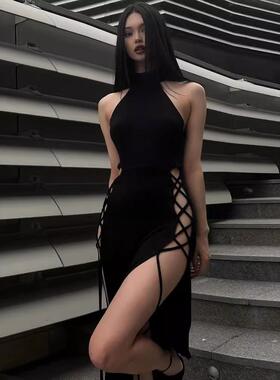 YJ22598欧美气质针织高领无袖镂空连衣裙夏季性感辣妹修身长裙女
